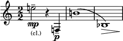 \relative c'' {
\clef treble \override Staff.TimeSignature.style = #'numbered \time 2/2
\set Score.tempoHideNote = ##t \tempo 2 = 50 \accidentalStyle dodecaphonic
\set Staff.midiInstrument = "clarinet"
e2_\markup { \tiny (cl.) }\mp-- r4 f,,\p-- | b'1( | bes,) \> | \!
}