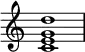 {
\override Score.TimeSignature #'stencil = ##f
\relative c' {
\clef treble
\time 4/4
\key c \major
<c e g d'>1
} }