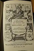 Titlepage of the Counts of Holland series (based on earlier work by Philips Galle and probably as a tribute, showing Galle's "Maiden Holland" at the top, 1663