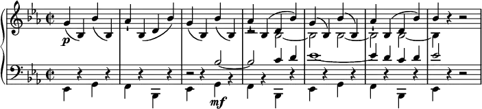 { \new PianoStaff <<
\new Staff <<
\new Voice \relative g' { \set Score.tempoHideNote = ##t \tempo 2 = 60
\clef "treble" \key es \major \stemUp \set Staff.midiInstrument = #"piano" \time 2/2 | % 1
g4 \p ( bes,4 ) bes'4 ( bes,4 ) | % 2
as'4 -! bes,4 ( d4 bes'4 ) | % 3
g4 ( bes,4 ) bes'4 ( bes,4 ) | % 4
as'4 -! bes,4 ^( d4 bes'4 ) | % 5
g4 ^( bes,4 ) bes'4 ^( bes,4 ) | % 6
as'4 -! bes,4 ^( d4 bes'4 ) | % 7
bes4 r4 r2 }
\relative bes {
\clef "treble" \key es \major \stemDown \time 2/2 | % 1
s1*3 | % 4
r2 bes2 _~ | % 5
bes2 bes2 _~ | % 6
bes2 bes2 _~ | % 7
bes4 s4 s2 } >>
\new Staff <<
\new Voice \relative es, { \set Staff.midiInstrument = #"piano"
\clef "bass" \key es \major \stemDown \time 2/2
es4 r4 g4 r4 | % 2
f4 r4 bes,4 r4 | % 3
es4 r4 g4 \mf r4 | % 4
f4 r4 bes,4 r4 | % 5
es4 r4 g4 r4 | % 6
f4 r4 bes,4 r4 | % 7
es4 r4 r2 }
\relative bes {
\clef "bass" \key es \major \stemUp \time 2/2
s2*4 | % 3
r2 bes2 ~ | % 4
bes2 c4 d4 | % 5
es1 ~ | % 6
es4 d4 c4 d4 | % 7
es2 s4 s4 } >>
>> }
