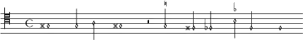 {
\new MensuralVoice \with { \remove "Time_signature_engraver" }
\clef "mensural-c4"
gis1 g2 a gis!1 r2 \set suggestAccidentals = ##t g! \set suggestAccidentals = ##f fis fes \set suggestAccidentals = ##tbes f f1
}