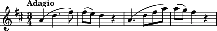 \new Score {
\new Staff = "clarinet" {
\transpose c a
\relative c' {
\set Staff.midiInstrument = #"clarinet"
\clef treble
\key f \major
\time 3/4
\tempo "Adagio"
\set Score.tempoHideNote = ##t
\tempo 4 = 60
c4( f4. a8) | a8( g) f4 r | c4.( f8 a c) | c8( bes) a4 r |
}
}
}