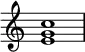 {
\override Score.TimeSignature #'stencil = ##f
\relative c' {
\time 4/4
<e g c>1
}
}