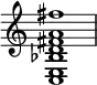 {
\override Score.TimeSignature #'stencil = ##f
\time 4/4
<c e bes fis' a' d' fis''>1
}