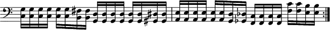 \header { tagline = "" }
\score {
\new Staff \with { \remove "Time_signature_engraver" }
\repeat volta 2 {
\clef "bass"
{<c g>16 <c g> <c g> <c g> <c g> <c g> <b, fis> <b, fis> <g, d> <g, d> <g, d> <g, d> <g, d> <g, d> <gis, dis> <gis, dis> <a, e> <a, e> <a, e> <a, e> <a, e> <a, e> <g, d> <ges, des> <f, c> <f, c> <f, c> <f, c> <f c'> <f c'> <e b> <e b>}
}
\layout { }
}
\score { % "unfold" this score copy so MIDI plays the repeated section twice
\unfoldRepeats {
\repeat volta 2 {<c g>16 <c g> <c g> <c g> <c g> <c g> <b, fis> <b, fis> <g, d> <g, d> <g, d> <g, d> <g, d> <g, d> <gis, dis> <gis, dis> <a, e> <a, e> <a, e> <a, e> <a, e> <a, e> <g, d> <ges, des> <f, c> <f, c> <f, c> <f, c> <f c'> <f c'> <e b> <e b>}
}
\midi { }
}