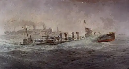 USS Leviathan escorted by USS&nbsp;Allen, both in dazzle camouflage, painted by Burnell Poole, 1918