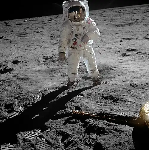 Image 18 Apollo&nbsp;11 Photograph credit: Neil Armstrong Apollo&nbsp;11 was the fifth crewed mission of NASA's Apollo program. After launching from the Kennedy Space Center in Florida on July&nbsp;16, 1969, commander Neil Armstrong and Apollo Lunar Module pilot Buzz Aldrin landed Eagle in Mare Tranquillitatis on July&nbsp;20, at 20:17:40&nbsp;UTC, while command module pilot Michael Collins remained on Columbia in lunar orbit. Armstrong was the first to exit the spacecraft, stepping onto the surface 6&nbsp;hours and 39&nbsp;minutes later, on July&nbsp;21, at 02:56:15&nbsp;UTC; nineteen minutes later, Aldrin joined him on extravehicular activity, which lasted 2&nbsp;hours, 31&nbsp;minutes and 40&nbsp;seconds. Armstrong and Aldrin lifted off from Tranquility Base after almost 22&nbsp;hours on the lunar surface and rejoined Collins in the command module, before splashing down in the Pacific Ocean on July&nbsp;24. The mission was planned to the minute, with the majority of the photographic tasks performed by Armstrong with a single Hasselblad camera. Most of the photographs taken on the Moon that include an astronaut are of Aldrin; there are only five images of Armstrong partly shown or reflected, as in this photograph, with Armstrong and the lunar module reflected in Aldrin's helmet visor. "As the sequence of lunar operations evolved," Aldrin explained, "Neil had the camera most of the time [...] It wasn't until we were back on Earth and in the Lunar Receiving Laboratory looking over the pictures that we realized there were few pictures of Neil." More featured pictures