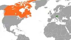 Map indicating locations of Austria and Canada