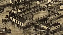 A bird's eye view map, showing an island enclosed by various piers and warehouses labeled OCEAN DOCK and CITY DOCK