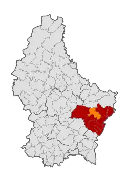 Map of Luxembourg with Biwer highlighted in orange, and the canton in dark red