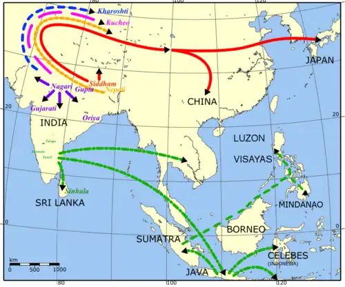 Spread of Brahmic family of scripts (and Kharosthi) from the subcontinent.