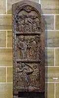 Stall wing, ascendingly: Jesus and Saint Thomas, Jesus and Saint Peter, the miracle of Pentecost
