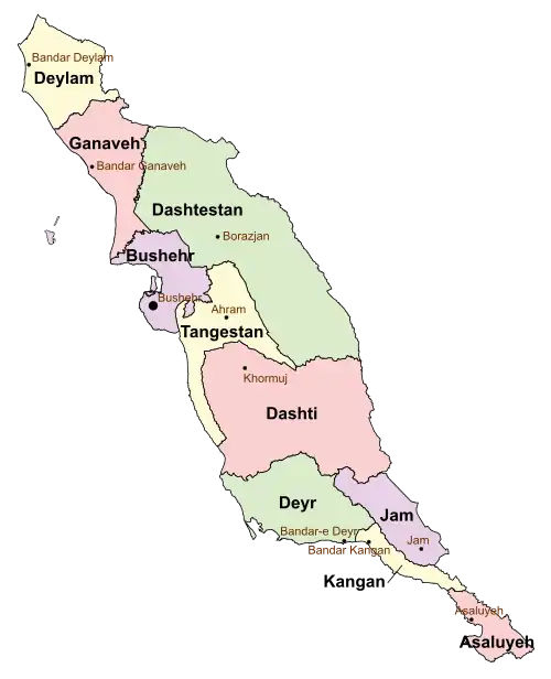 Location of Dashtestan County in&nbsp;Bushehr&nbsp;province (top,&nbsp;green)