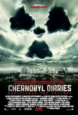 A cloudy sky, with the international radiation symbol forming through dark patches, looms over Pripyat.