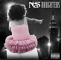 A rearview of a young girl in a pink tutu raised atop the shoulders of an older man; she points to a black-and-white cityscape in the background