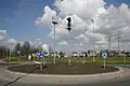 Art on the roundabout with the city in the background