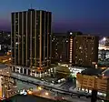 First National Center and the adjacent Doubletree Hotel at dusk