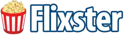 A red and white stripe bucket full of popcorn beside the word Flixster, written in white letters with a blue outline.