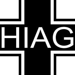Black cross with white and black outline, with the HIAG letters