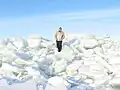 Example of hummocky ice: an accumulation of ice blocks, here about 20 to 30&nbsp;cm (7.9 to 11.8&nbsp;in) in thickness (with a thin snow cover).