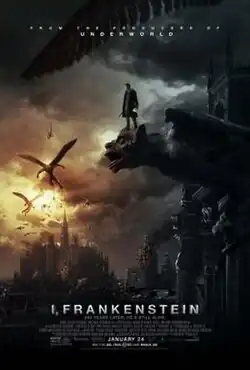 A man stands on top of a gargoyle as winged demons fly in a gloomy sky with a castle in the background