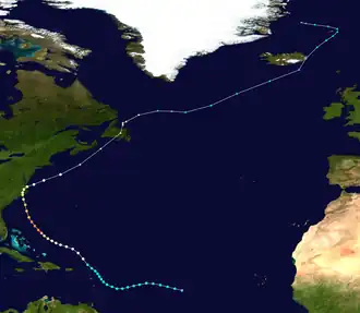The storm forms east if the Lesser Antilles. The storm path of Ione takes it over the Lesser Antilles as a tropical storm and then it heads between west-northwest towards North Carolina. It becomes a major hurricane north of The Bahamas and makes landfall in North Carolina as a Category 1. The storm then hooks sharply northeast overland then races off the coast of North Carolina toward the extreme Northern Atlantic.