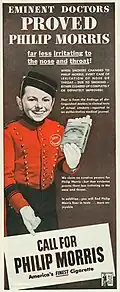"We claim no curative powers for Phillip Morris" says this 1943 ad featuring actor Johnny Roventini, in the small text.