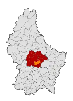 Map of Luxembourg with Lintgen highlighted in orange, and the canton in dark red