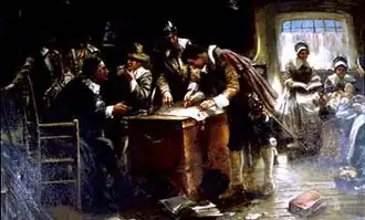 Signing the Mayflower Compact, ca. 1900, now in the collection of the Pilgrim Hall Museum