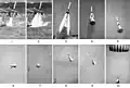 Flight of the spacecraft and launch escape system. In frame 6 the two separate and the spacecraft lands by parachute in frame 10