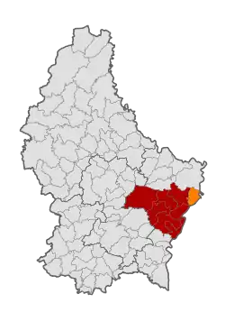 Map of Luxembourg with Mertert highlighted in orange, and the canton in dark red