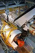 An OMS pod detached from an orbiter for maintenance