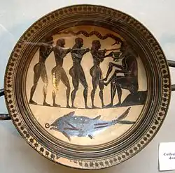 The blinding, Laconian black-figure cup, 565–560 BC