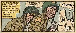 a comic frame with military men and a dog
