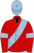 Red, light blue sash, armlet and cap