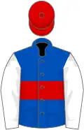 Blue, red hoop, white sleeves, red cap