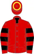 Red, black hooped sleeves, red cap, yellow hoop