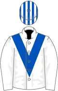 WHITE, royal blue chevron, white and royal blue striped cap