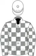 Grey and white check, white cap