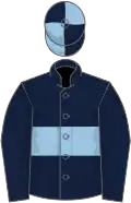 Dark blue, light blue hoop, dark blue sleeves, quartered cap
