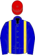 Blue, yellow braces, red cap
