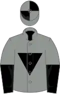 Grey, black triangle and lower sleeves, grey and black check cap