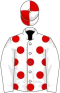 White, red spots on body, quartered cap