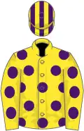 YELLOW, purple spots, striped cap