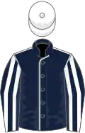Dark blue, white seams, striped sleeves, white cap
