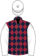 Maroon and dark blue diamonds, white sleeves and cap