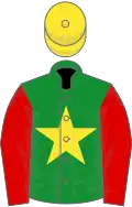 Green, yellow star, red sleeves, yellow cap