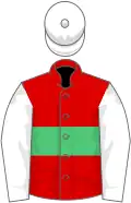 Red, emerald green hoop, white sleeves and cap