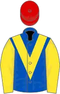 ROYAL BLUE, yellow chevron and sleeves, red cap