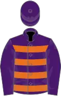 Purple and orange hoops, purple sleeves and cap